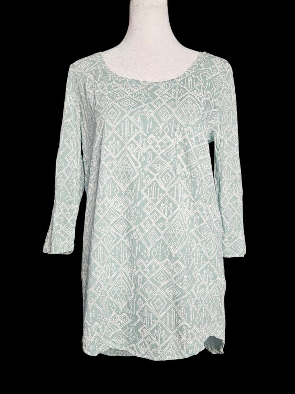 Peruvian Connection 3/4 Sleeve Green Geometric Top Women's XS Pima Cotton Peru